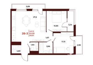 2-к квартира, вторичка, 67м2, 10/18 этаж
