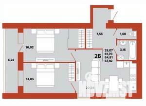 2-к квартира, вторичка, 65м2, 1/10 этаж