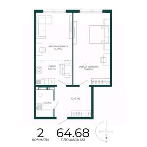 2-к квартира, строящийся дом, 65м2, 17/17 этаж