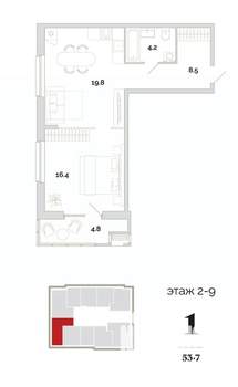 1-к квартира, вторичка, 54м2, 2/24 этаж