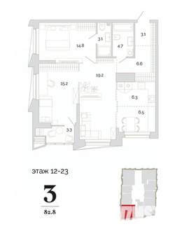 3-к квартира, вторичка, 83м2, 23/24 этаж