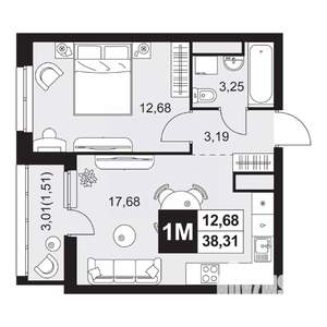 2-к квартира, вторичка, 38м2, 1/20 этаж
