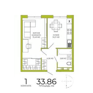 1-к квартира, строящийся дом, 34м2, 4/18 этаж