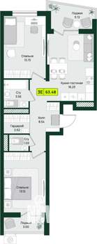 2-к квартира, строящийся дом, 63м2, 5/16 этаж