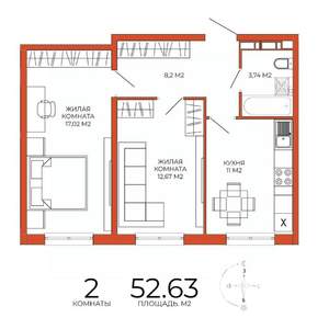2-к квартира, строящийся дом, 53м2, 2/18 этаж