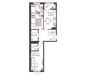 2-к квартира, вторичка, 67м2, 11/12 этаж