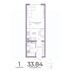 1-к квартира, строящийся дом, 34м2, 6/17 этаж