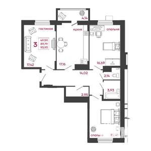 3-к квартира, вторичка, 94м2, 4/15 этаж