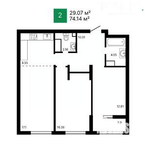 2-к квартира, вторичка, 74м2, 11/16 этаж