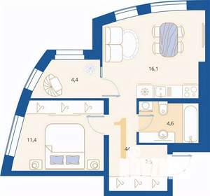 1-к квартира, вторичка, 44м2, 2/16 этаж