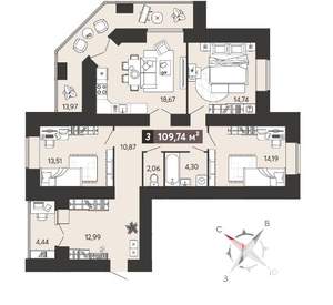 3-к квартира, вторичка, 110м2, 1/18 этаж