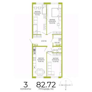 3-к квартира, строящийся дом, 83м2, 14/18 этаж