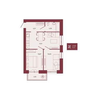 3-к квартира, вторичка, 51м2, 4/17 этаж