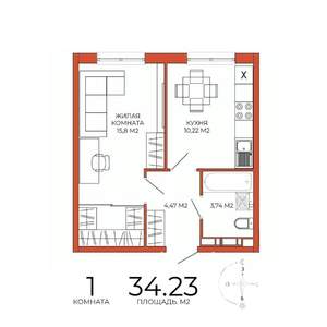 1-к квартира, вторичка, 34м2, 9/18 этаж