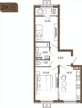 2-к квартира, вторичка, 57м2, 2/17 этаж