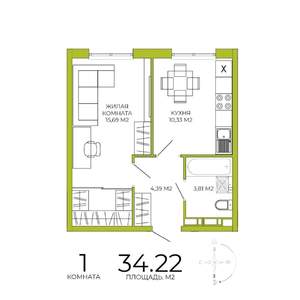 1-к квартира, строящийся дом, 34м2, 7/18 этаж