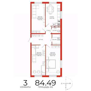 3-к квартира, строящийся дом, 84м2, 4/18 этаж