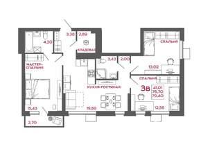 3-к квартира, вторичка, 79м2, 19/22 этаж