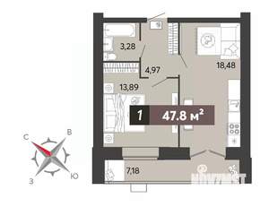1-к квартира, вторичка, 48м2, 12/16 этаж