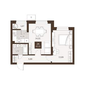 2-к квартира, вторичка, 43м2, 1/22 этаж