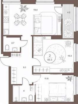 2-к квартира, вторичка, 66м2, 13/16 этаж