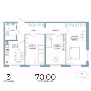 3-к квартира, строящийся дом, 70м2, 10/18 этаж