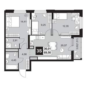 4-к квартира, вторичка, 70м2, 2/20 этаж