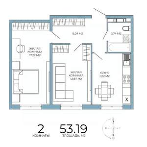 2-к квартира, строящийся дом, 53м2, 13/18 этаж