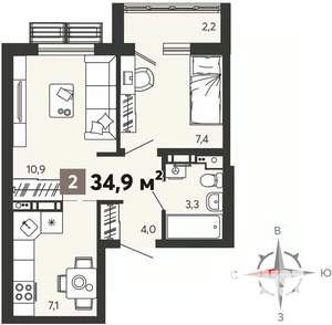 2-к квартира, вторичка, 35м2, 14/16 этаж