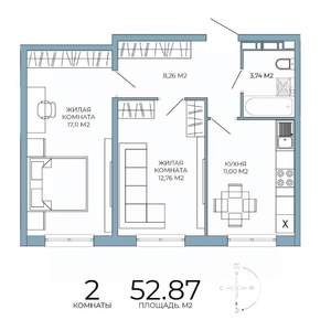 2-к квартира, строящийся дом, 53м2, 3/18 этаж