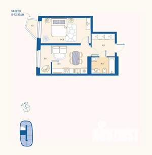 1-к квартира, вторичка, 43м2, 9/16 этаж