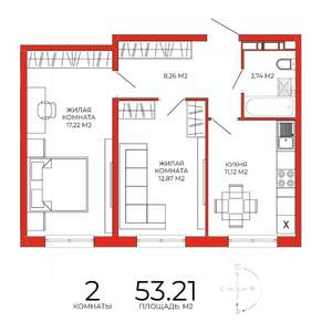 2-к квартира, строящийся дом, 53м2, 12/18 этаж