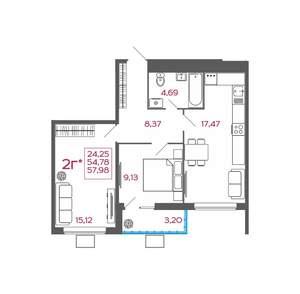 2-к квартира, вторичка, 58м2, 11/17 этаж
