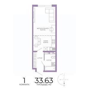 1-к квартира, строящийся дом, 34м2, 6/17 этаж