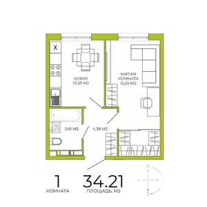 1-к квартира, строящийся дом, 34м2, 12/18 этаж