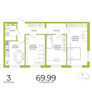 3-к квартира, строящийся дом, 70м2, 6/18 этаж