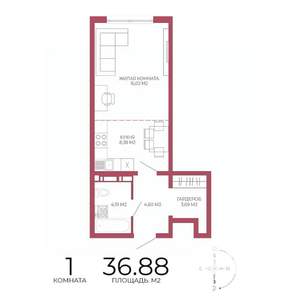 1-к квартира, строящийся дом, 37м2, 7/18 этаж
