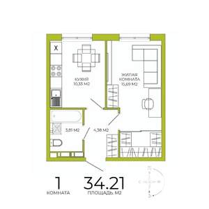 1-к квартира, строящийся дом, 34м2, 10/18 этаж