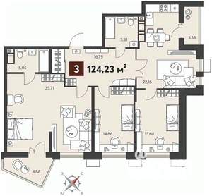 3-к квартира, вторичка, 124м2, 4/18 этаж