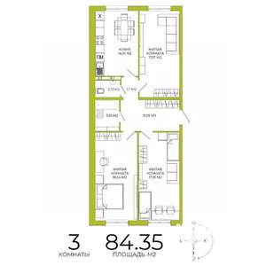 3-к квартира, строящийся дом, 84м2, 4/18 этаж