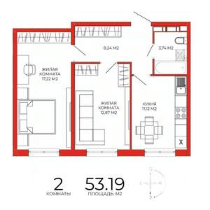 2-к квартира, строящийся дом, 53м2, 13/18 этаж