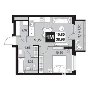 2-к квартира, вторичка, 39м2, 2/20 этаж
