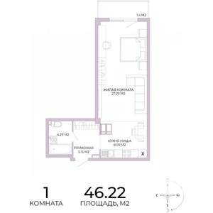 1-к квартира, строящийся дом, 46м2, 3/17 этаж