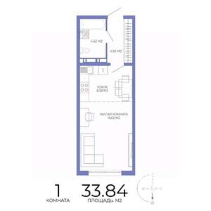 1-к квартира, строящийся дом, 34м2, 16/17 этаж