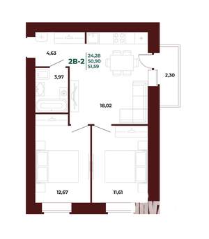2-к квартира, вторичка, 52м2, 12/17 этаж