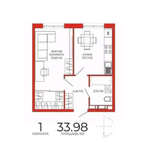 1-к квартира, строящийся дом, 34м2, 7/18 этаж