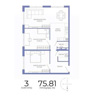 3-к квартира, строящийся дом, 76м2, 16/17 этаж