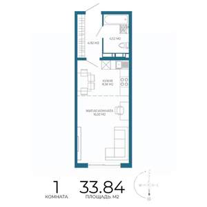 1-к квартира, строящийся дом, 34м2, 8/17 этаж