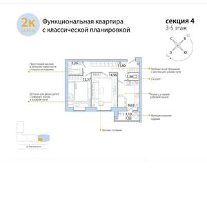 2-к квартира, сданный дом, 55м2, 4/10 этаж