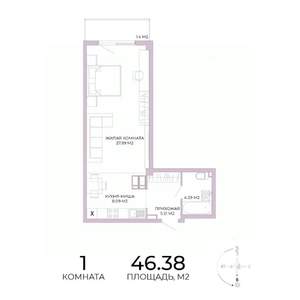 1-к квартира, строящийся дом, 46м2, 10/17 этаж